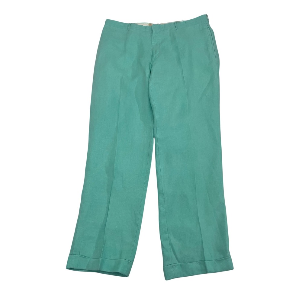 Vintage Polo Ralph Lauren Preston 100% Linen Pants 40R Teal Pleated Italy Made